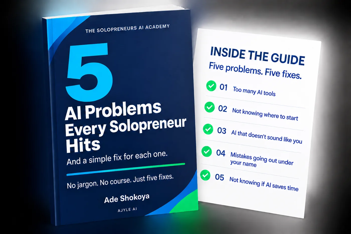 The free guide, 5 AI Problems Every Solopreneur Hits, by Ade Shokoya, shown beside its contents page listing the five problems and fixes.